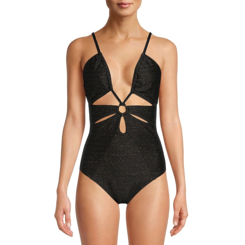Time and Tru Ring Cut-Out One-Piece with Gold Metalic Weave Knit Swimsuit XL - Picture 1 of 12
